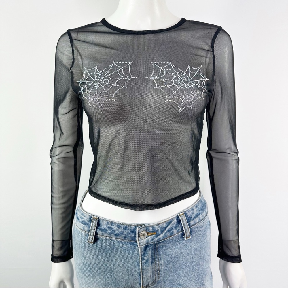 G Mini USA Black Sheer Spiderweb Top Size XS Mesh Halloween Party Witchcore Goth